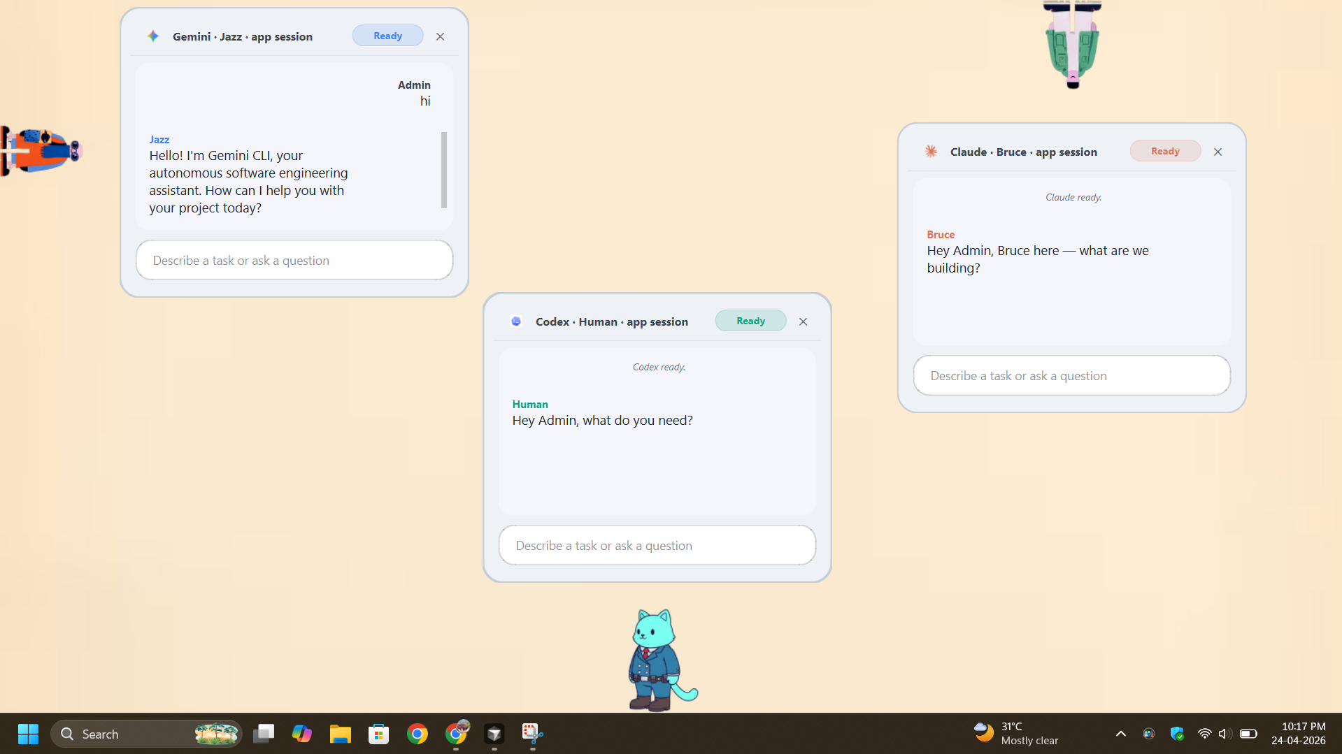 Three LilWin walkers — Jazz, Bruce, and Human (Codex) — open as small chat windows above the Windows taskbar.